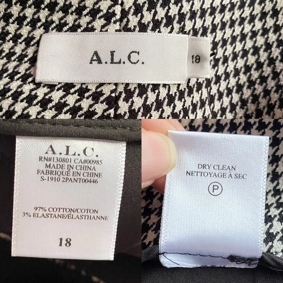 A.L.C. James Pants Houndstooth Cotton Blend Black Cream Size 18 NWT